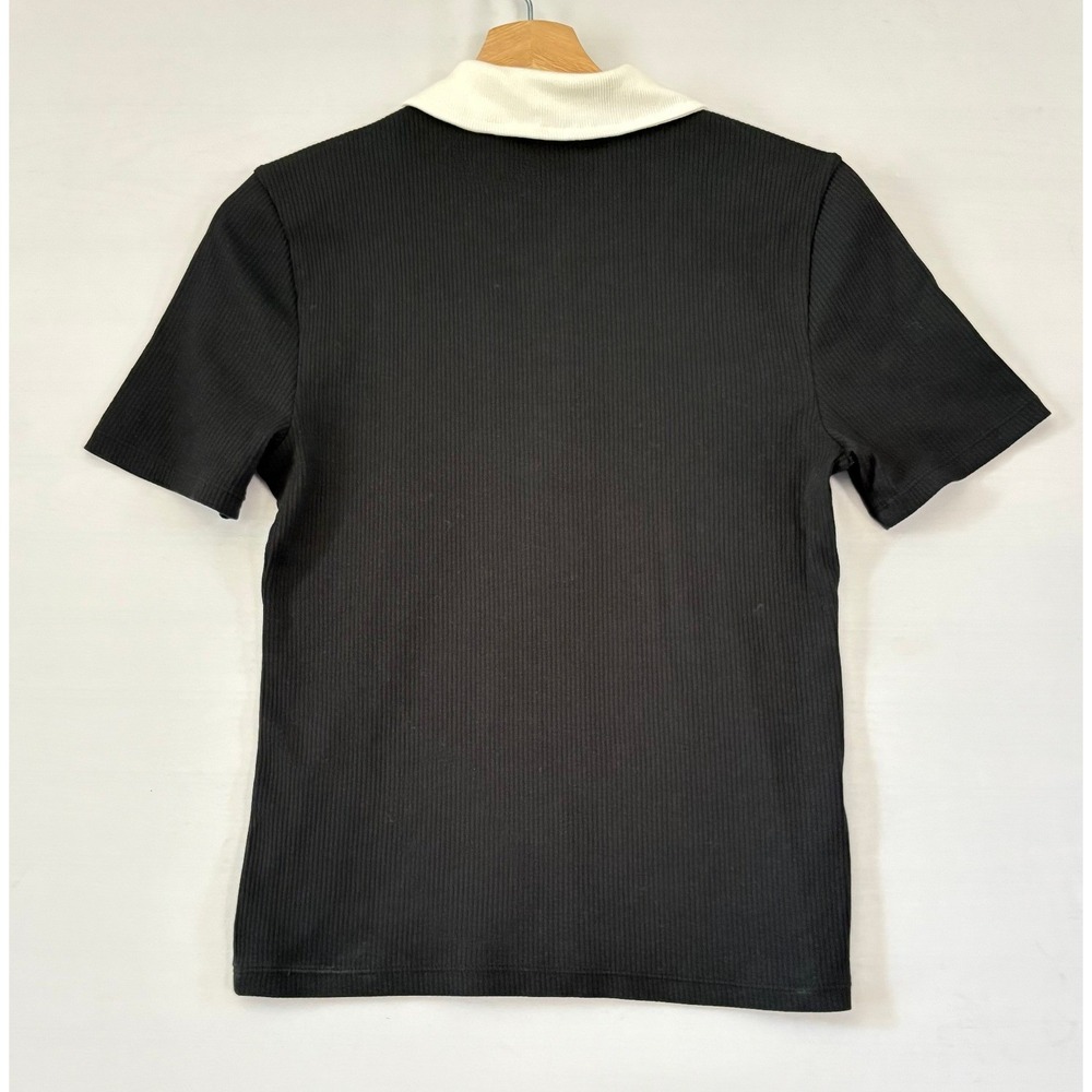 J.Crew Womens Ribbed Polo Shirt Black White Gold Crest Button Short Sleeve Med - Picture 2 of 10